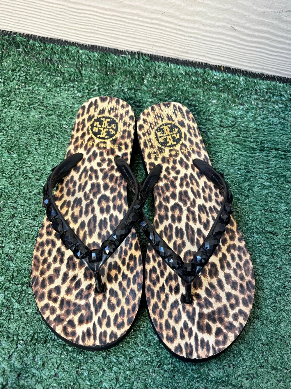 Tory Burch Leopard Print Flip Flop Sandals with Black  Straps